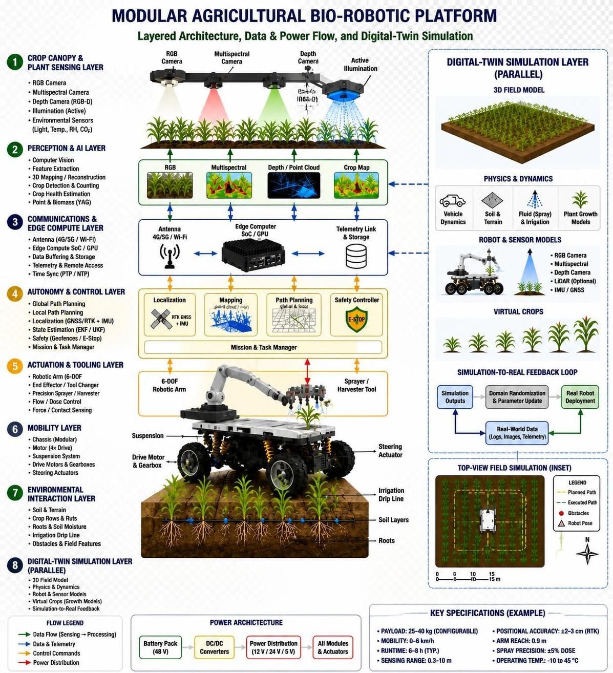 Modular Agricultural Bio-Robotic Platform diagram showing eight layered architecture components: crop canopy sensing, perception and AI, communications, autonomy and control, actuation and tooling, mobility, environmental interaction, and digital-twin simulation — with power architecture and key specifications