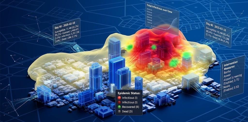 Three-dimensional urban epidemic risk map with colored infection heat zones and operational data panels